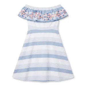 Sugarlips Embroidered Off Shoulder Striped Midi Dress Blue White D4843 Womens M thumbnail 10