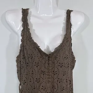 Free People Olive Green Eyelet Lace Up Tiered Mini Dress Size 6 Boho Cottagecore thumbnail 2