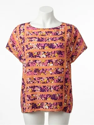 LOFT Floral‎ Striped Short Sleeve Blouse Boho Geometric Summer Top Pink Orange S thumbnail 2