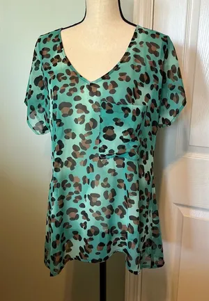 Show Me Your MuMu Womens Size Small Teal‎ Leopard Cheetah Short Sleeve Top Sheer thumbnail 1