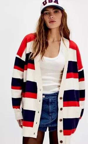 Free People League Of Her Own Cardigan Sweater Americana Stripes Preppy Large thumbnail 1