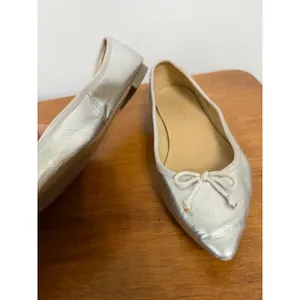 Talbots Womens Silver Metallic Leather Pointed Toe Bow‎ Ballet Flats Size 6.5 M thumbnail 4