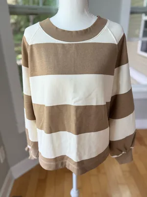 Old Navy Tan Ivory Cream Wide Striped Cropped Crewneck Sweatshirt Size Small thumbnail 1