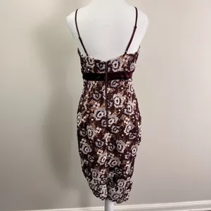 Bardot Floral Lace Midi Dress Burgundy Cream V-Neck Asymmetrical Hem Size US 6 thumbnail 3