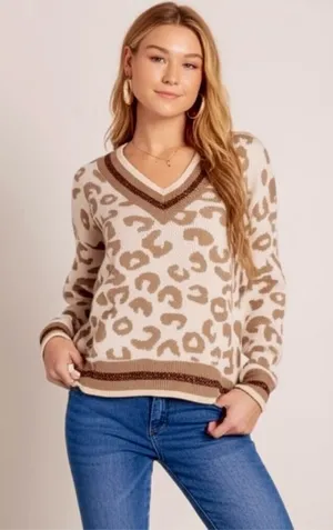New Animal Print Light Knit V Neck Drop Shoulder Winter Sweater Sparkle Accents thumbnail 1