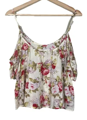 ABERCROMBIE & FITCH ivory‎ rose pink floral off shoulder crop top size M Medium thumbnail 1