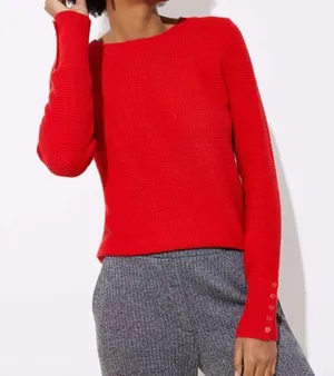 ANN TAYLOR LOFT Textured Button Cuff Sweater Bright Red 100% Cotton Crew Neck M thumbnail 1