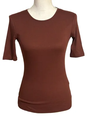 Zara Brown Ribbed Short Sleeve Open Back with Delicate Tie Top NWT thumbnail 1