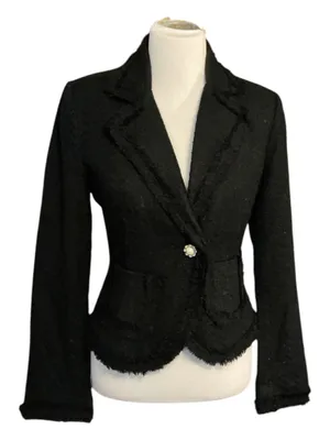 Body Central Black Tweed Bouclé Frayed Blazer Jacket thumbnail 1