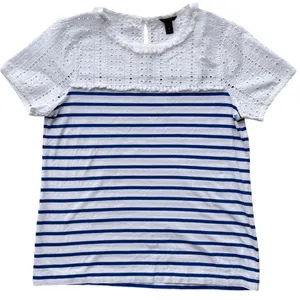 J.Crew Womens XS Mixed Media Eyelet Lace Striped Short Sleeve Top Blue White thumbnail 9