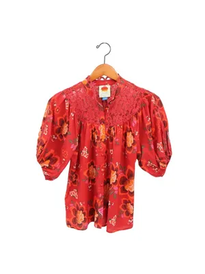 Anthropologie Farm Rio Giustina Lace Blouse Top Short Sleeve Floral Red XS thumbnail 4