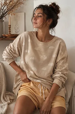 Anthropologie Daily Practice Creme Tan Rainbow Print Crew Pullover Sweatshirt XS thumbnail 1