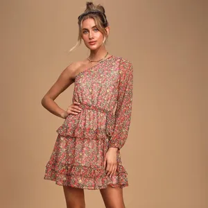 LULU’S Anew Romance Pink Floral Print One Shoulder Ruffled Mini Dress thumbnail 3