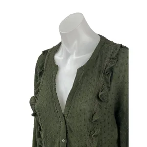 Zara Green Swiss Dots Ruffle V Neck Long Sleeve Button Up Shirt Blouse Top Sz S thumbnail 2