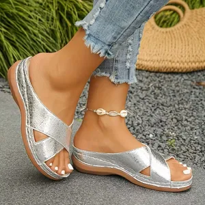 NWT ~ Women's Metallic Silver Slides Summer Sandals Beach Shoes ~ 8 1/2 thumbnail 1