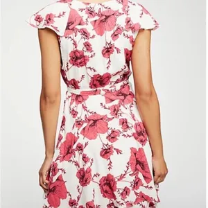 Free People Floral Ruffle Wrap Mini‎ Dress Cream Pink Cap Sleeve Size S thumbnail 2