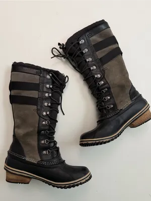 Sorel Boots Conquest Carly Leather Tall Lace Up Buckles Moto Olive Green Black thumbnail 4