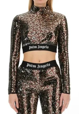 Palm Angels Glittering Sequin Crop Top - Black and Gold thumbnail 1