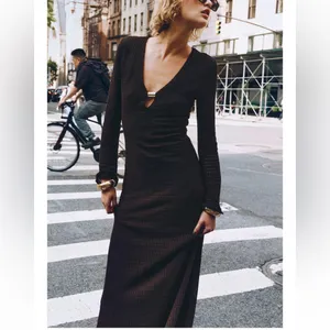 Zara NWT brown knit gold detail key hole front long sleeve midi maxi dress thumbnail 7
