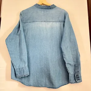 Kensie Jeans Blue Denim‎ Shirt Ruffle Mandarin Collar Long Sleeve Light Wash XL thumbnail 3