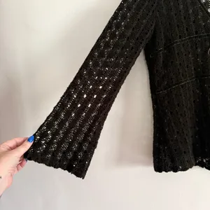 Fresh Wear Dark Olive Green Open Knit Velvet Trim Tie Bell Sleeve Cardigan thumbnail 3