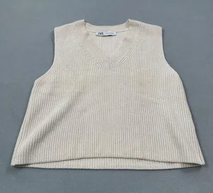 Zara Women's Beige Ribbed Knit Sweater Vest V-Neck Cropped Sleeveless Small thumbnail 1