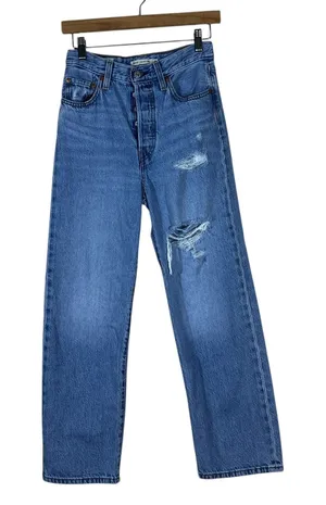 Levis Premium Ribcage Straight Ankle Distressed Jeans Blue Edgy High Rise Size25 thumbnail 1