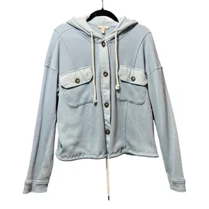 COMO VINTAGE Light Blue Waffle Knit Hooded‎ Button Front Shacket Size L thumbnail 1