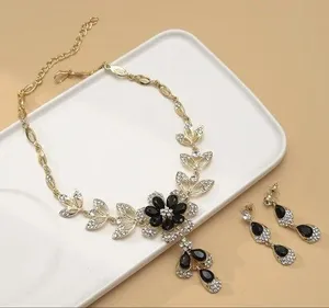Black Crystal Flower Women Earring Necklace Jewelry Sets Luxury Gold Color thumbnail 1
