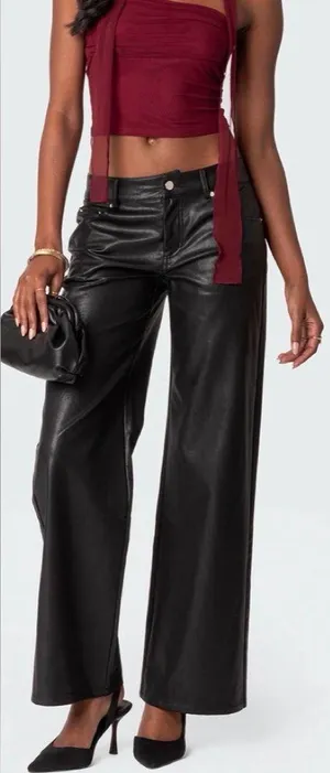 NWT Edikted Black Faux Leather Wide-Leg Pants size XS thumbnail 1