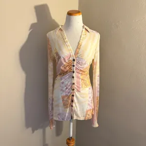 Free People Lucky Shirtee Mesh Floral Ruched Button Front Top Yellow Pink Small thumbnail 2