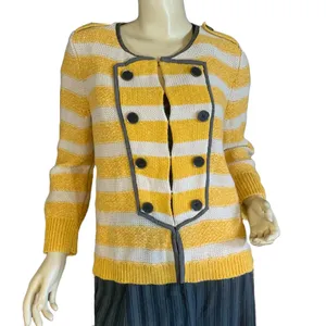 Loft Mustard Yellow, Beige & Gray Striped Cotton Cardigan Sweater (M) thumbnail 3