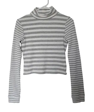 Aerie Gray Striped Long Sleeve Waffle Knit Turtleneck Pullover Crop Top Medium thumbnail 1