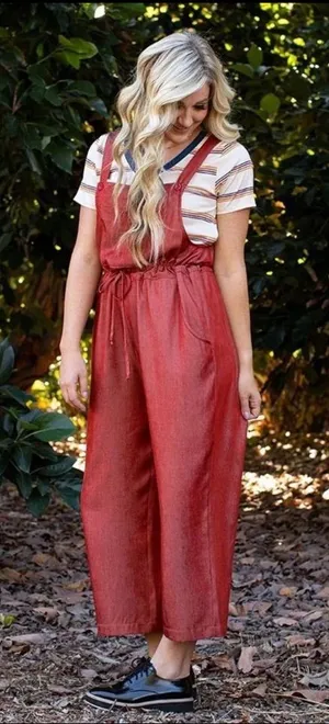 Lularoe Chambray Juliet Rust Red Drawstring Utility Jumpsuit XL thumbnail 1