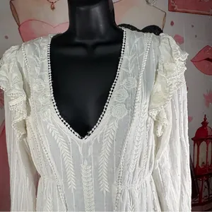 Free People White Embroidered Boho Mini Dress with Long Sleeves thumbnail 10