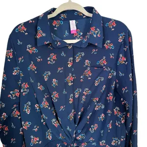 No Boundaries Women's Sz L (11-13) Cropped Gathered Bottom Shirt Blue Floral thumbnail 2