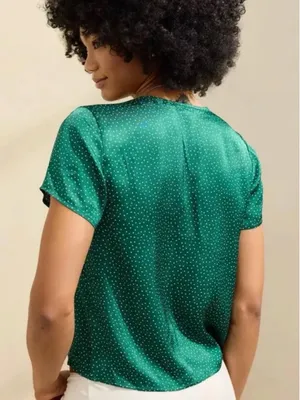 Aerie Emerald Green Polka Dot Satin Tie-Front Blouse Short Sleeve Medium thumbnail 6