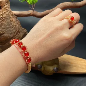 18K Gold Plated Red Agate Jewelry Set,Agate Beaded Charm Bracelet,Agate Ring thumbnail 7