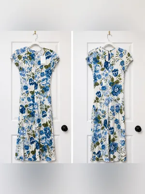 NWT Reformation Blue Floral Midi Dress Slit Ruched Cottagecore Wedding Guest thumbnail 5