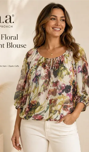 a.n.a Sheer Floral Peasant Blouse in‎ Cream, Green, Pink thumbnail 1