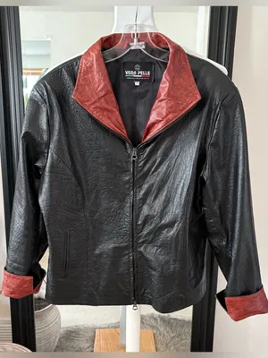 VERA PELLE Black & Rust Brown Alligator Print Leather Jacket thumbnail 1
