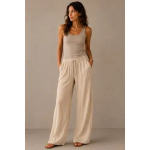 Abercrombie & Fitch Women Pants L Beige Wide Leg Crinkle Drawstring Waist thumbnail 2