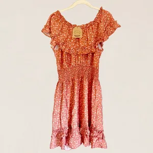 Kori America Orange Ditsy Floral Smocked Off The Shoulder‎ Mini Dress Size Small thumbnail 3