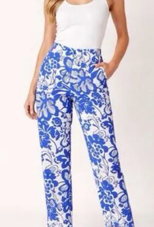 Zara Linen Blend Blue Floral Women's Pants Size 2 NWT thumbnail 1