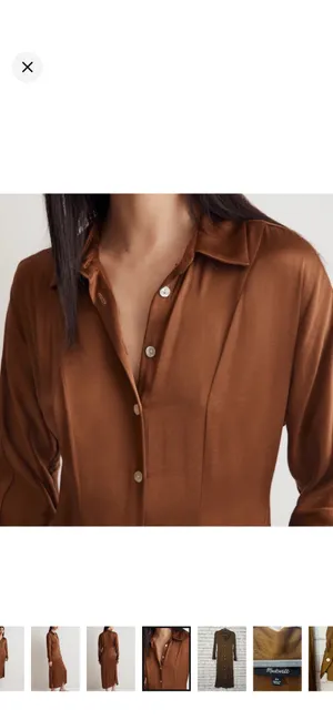 Madewell Satin Button-Front Midi Shirtdress in Cedar Like New Size 00. Satin smooth. Beautiful buttons down the front. No stretch. 50” long 14” bust From the website: Coming in a shiny satin woven with eco-friendly Lenzing™ Ecovero™ viscose fibers, this pretty midi is our modern take on the retro shirtdress. Featuring a point collar, long sleeves and buttons all down the front, it's perfect to pair with tall boots. Body-skimming fit. Length from high point of shoulder: 52" (based on size 6). 57% polyester/43% Lenzing™ Ecovero™ viscose. Do Well: Made of Lenzing™ Ecovero™, a sustainable fabric created with natural fibers and a more eco-friendly process. Machine wash. Imported. Item NO175 thumbnail 4