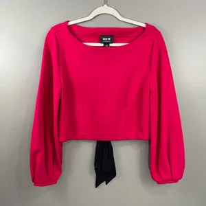 Maeve Top Women XS Pink Great Lace Up Back Puff Sleeve Crop Boat Neck thumbnail 4