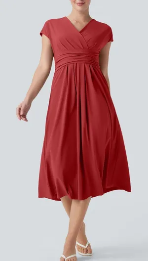HALARA V-Neck Short Sleeve Midi Dress in Brick Red thumbnail 1