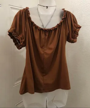 2000s Brown Whimsygoth Coquette Sweetheart Ruched bust Babydoll Bow Tie Front Top Shirt Blouse Short Sleeve Ruffle #Y2K #Whimsigoth #fairy Measurement in pics (has stretch) thumbnail 6