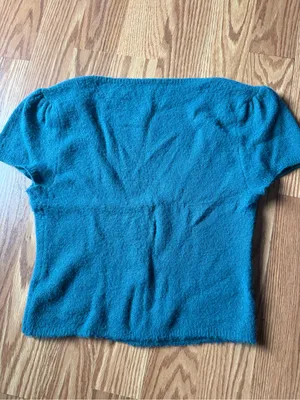 Textured Teal V-Neck Short Sleeve Sweater Crop Top thumbnail 7