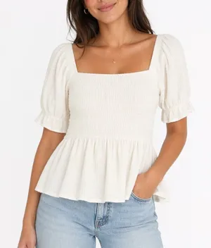 Nine West Babydoll Top Womens XL White Smocked Bodice Puff Sleeves Square Neck thumbnail 1